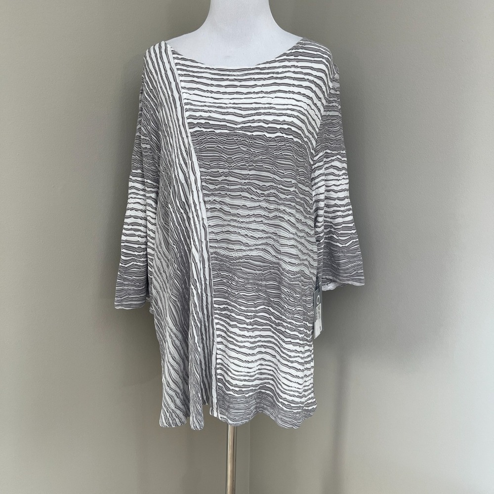 Habitat Tunic Top Womens XL Gray White Stripe Textured 3/4 Sleeve Lagenlook New‎